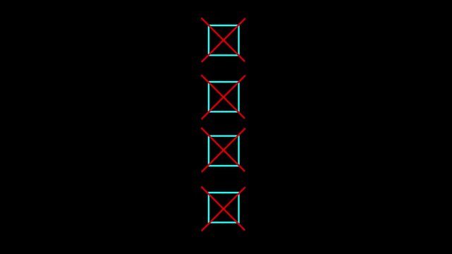 four Bullet point multiple choice checklist presentation boxes with thin animated hand drawn crosses on a plain simple black background rejection, evaluation, or form 4K suggesting animation