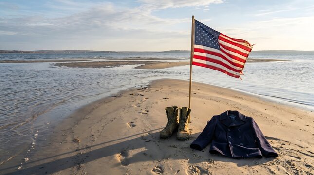 Military boots and navy coat on sandy beach shoreline under american flag at sunset light.