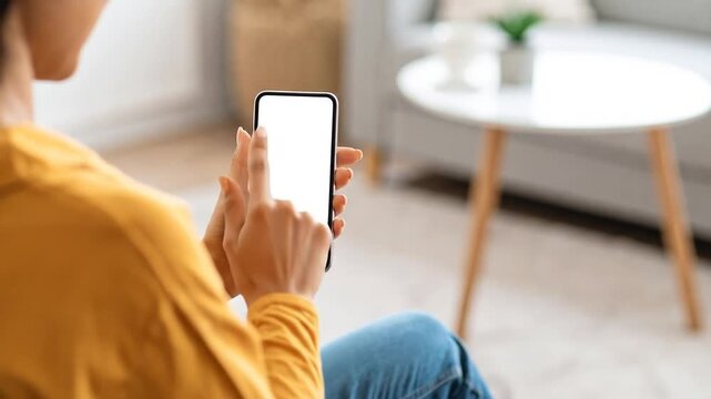 A person holding a modern smartphone with a blank white screen for digital content