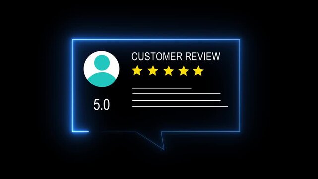Glowing neon Rating 5 stars icon animation. animation customer review concept, character giving five star feedback on neon rectangle. animated customer satisfaction rating k 