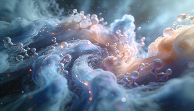 Swirling glossy spherical nodes drifting through studio plumes, showing bond links and sparkles