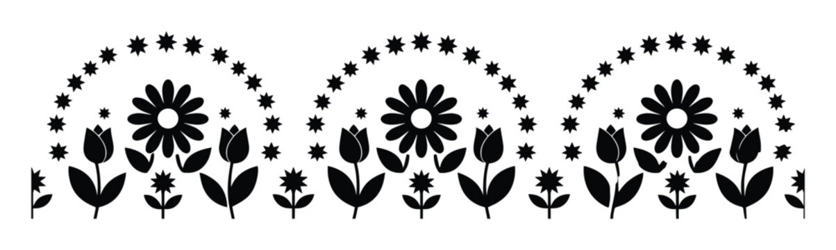 Folk art floral border vector, black silhouette flower pattern with tulips and daisies, traditional ethnic lace ornament for wedding stationery