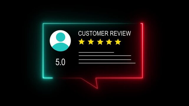 Glowing neon Rating 5 stars icon animation. animation customer review concept, character giving five star feedback on neon rectangle. animated customer satisfaction rating k 