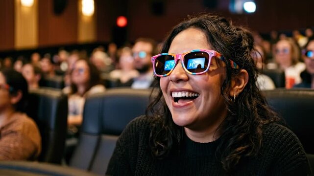 Tracking shot of woman wearing colorful 3d sunglasses laughing and reacting while watching film in dim movie theater auditorium with audience