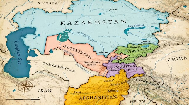 Colorful Map of Central Asia with Countries and Borders