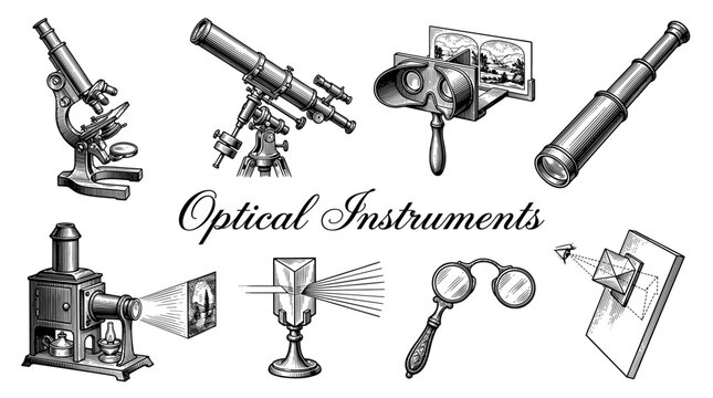 Vintage Collection of Scientific Optical Instruments Illustration: Microscope, Telescope, Stereoscope, Prism, and Magic Lantern in Engraving Style