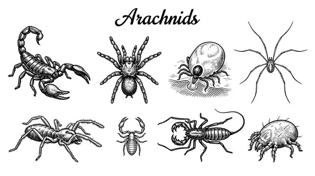 Set of Vintage Engraving Style Arachnids Including Scorpion, Tarantula, Tick, Mite, and Harvestman. Detailed Hand-Drawn Vector Illustration Isolated on White.