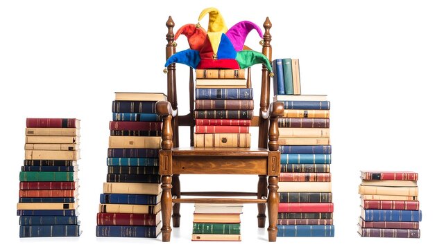 A wooden chair, laden with books, topped with a colorful jester's hat