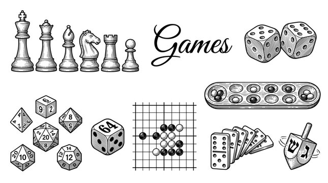 Set of Vintage Hand Drawn Board Game Elements Including Chess Pieces, Dice, Dominoes and Mancala