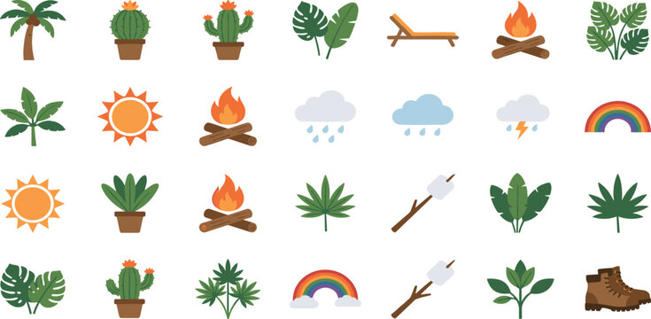 Summer Outdoor Adventure Icon Set Featuring Tropical Plants, Cacti, Campfires, Weather Symbols, and Camping Elements for Travel Apps, Stickers, and Nature Themed Designs