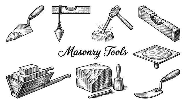 Set of Vintage Masonry Tools and Construction Equipment Hand Drawn Engraving Illustration Including Trowel, Level, Mallet, and Bricks