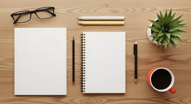 A well organized wooden desk with office supplies and a plant