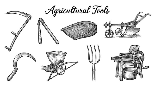 Vintage Agricultural Tools Illustration Set, Antique Hand Drawn Farming Equipment and Manual Implements in Engraving Style, Scythe, Plow, Sickle, and Pitchfork Vector