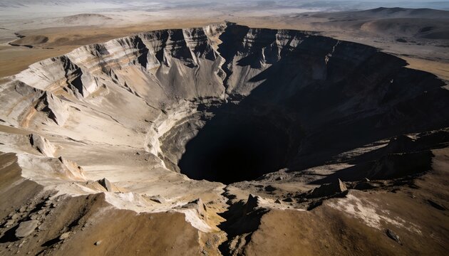 Revealing large circular crater dominating arid plateau, showing terraced walls and talus slopes