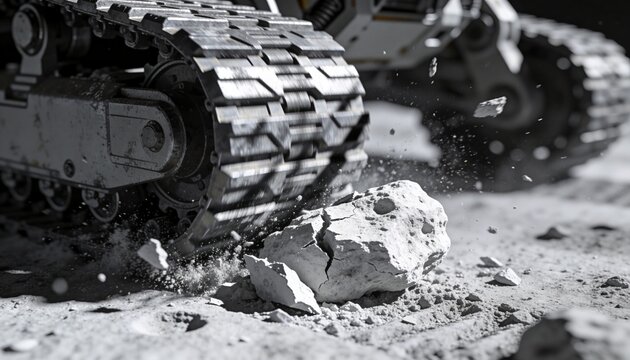 Grinding tracked tread crushing fractured rock on dusty quarry ground, kicking up dust and rubble
