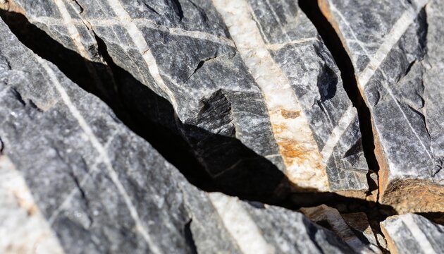 Showing exposed fractured gray rock slabs revealing white quartz veins at outcrop, iron staining