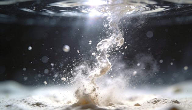 Erupting vertical spiral sediment plume rising under clear water surface, with suspended particles