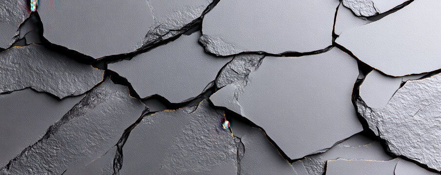 Abstract dark fractured surface with contrasting textures and iridescent glowing cracks