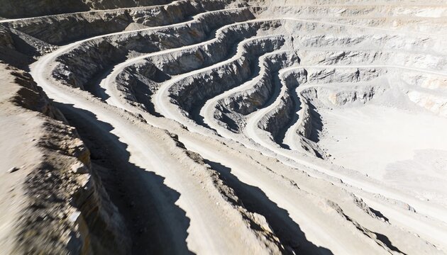 Showing open-pit mine benches descending through arid quarry terrain, featuring spiral haul roads