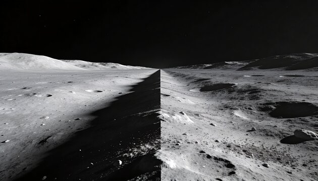 Splitting narrow seam running to horizon across lunar regolith, with craters, boulders, starry sky