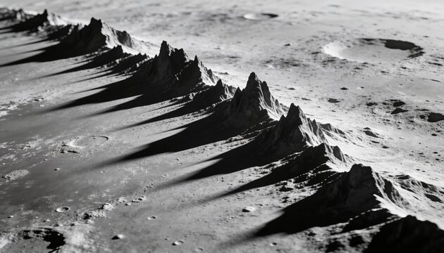 Dominating jagged mountain ridge casting long angular shadows across lunar surface, with craters