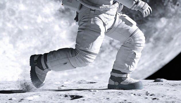 Walking astronaut in pressurized suit kicking regolith on cratered ground, boots and tether visible