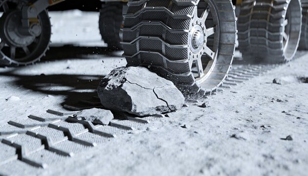 Pressing heavy rover wheel crushing cracked rock on barren regolith, showing metal rim bolts