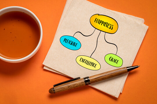 three kinds of happiness - pleasure, grace, and excellence, understanding of what it means to live a fulfilled life