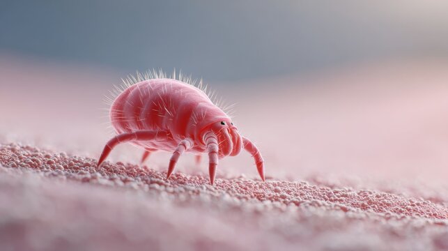Microscopic dust mite crawling on soft pink fabric surface with macro detail
