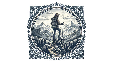 Hiker stands atop mountain peak surrounded by scenic landscape illustration © upeh
