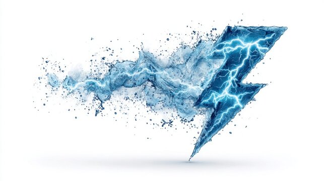 Dynamic water lightning bolt symbol exploding with energy and power on white background