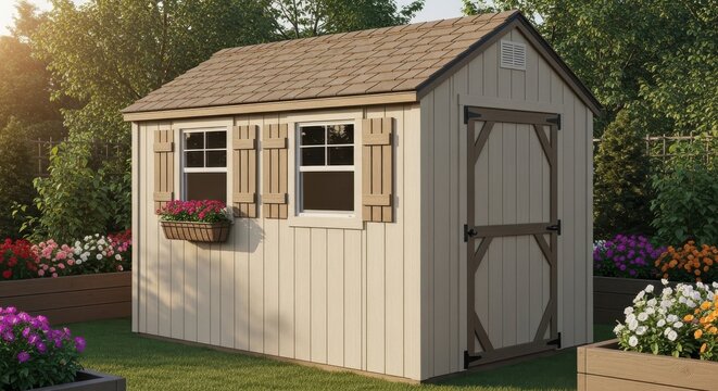 Creamy beige composite storage shed with charming wooden door and windows featuring flower box