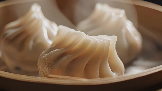 Delicious Steamed Momos Served in a Traditional Bamboo Steamer Basket.