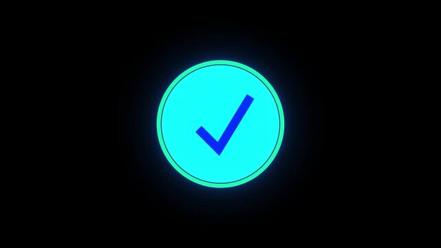 Animation green check mark that symbolizes approval or success.Animation of check mark icon background. Neon Tick mark icon seamless loop.Glowing neon line Tick mark or confirm icon animation.