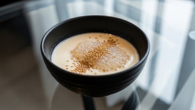 Bowl of tapioca pearl pudding with sesame seeds