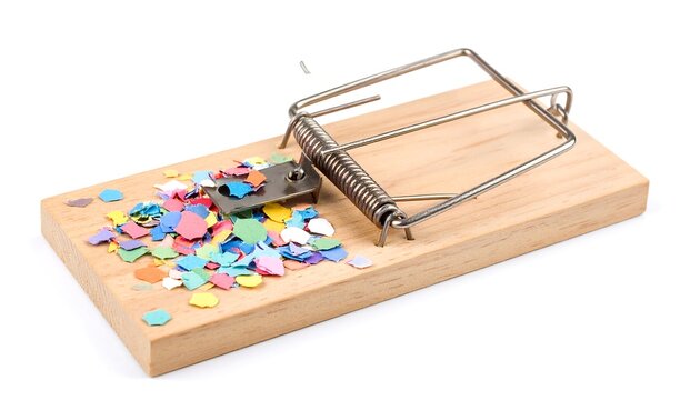 A wooden mousetrap with colorful confetti