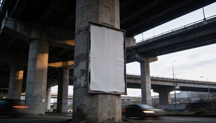 Obraz premium Displaying blank white poster on pillar beneath overpass pillars receding cars streaking headlights