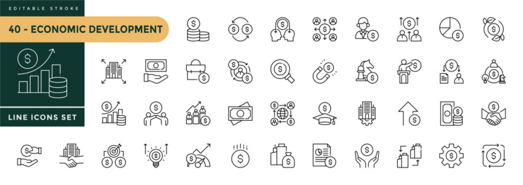 A collection of Economic Development icons set with editable stroke, including  productivity, finance, income, wealth, growth, investment, industry, trade, employment. Thin linear vector illustration.