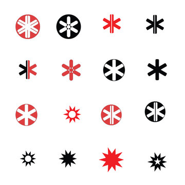 PrintSet of abstract geometric star and asterisk icons, red and black minimalist logo symbols collection