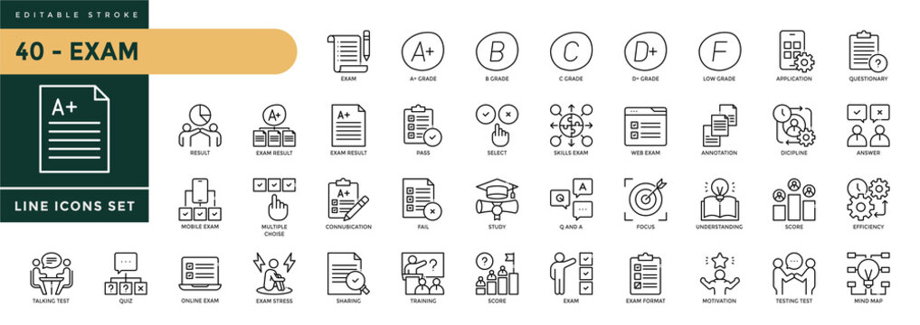 A collection of Exam icons set with editable stroke, including results, pass, online exam, test, score, quiz, questionnaire. Thin linear vector illustration.