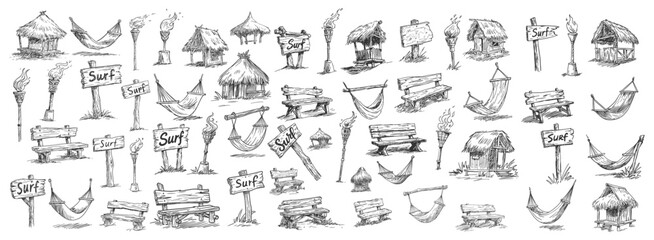 Obraz premium Tropical beach island vacation icons set featuring tiki huts surf signs hammocks and tiki torches sketch