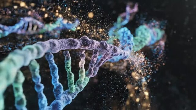 Abstract 3D animation of DNA double helix structures rotating and breaking apart with glowing particles in dark space.