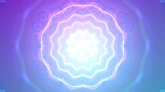 Glowing futuristic mandala portal animation with neon geometric light rings, soft pastel colors, and seamless hypnotic motion for sci fi visuals.