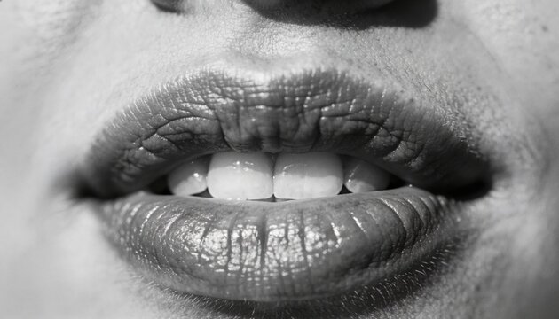 Showing centered close-up lower face, revealing glossy lips, visible teeth, stubble, skin pores