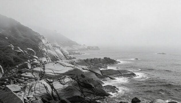 Showing rocky shoreline and granite boulders stretching toward foggy horizon, with breaking waves