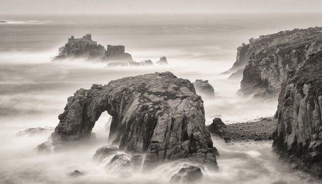 Rising weathered rock arch channeling surf and sea spray on rugged coast, with sea stacks