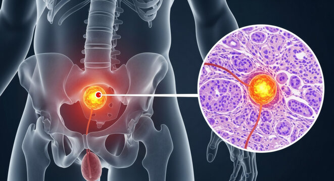 Medical illustration of prostate cancer with microscopic cell zoom