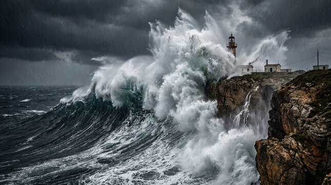 Massive storm wave crashing against rocky cliff with lighthouse under dark cloudy sky