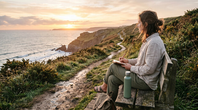 Woman writing in journal on wooden bench overlooking coastal cliffs at sunset