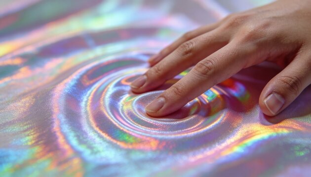 Pressing adult right hand creating circular ripples on tabletop in studio, with iridescent fabric
